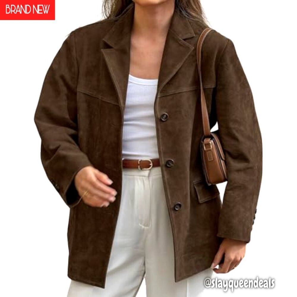 Oversized Faux Suede Jacket Notched Lapel Button Down Long Sleeve Pockets - Picture 2 of 7